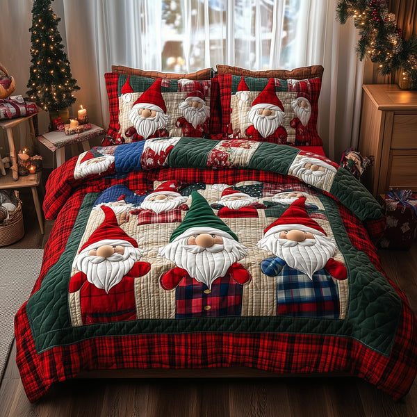 Jolly Gnomes quilted 3-piece bedding set on a made bed with two matching pillow shams