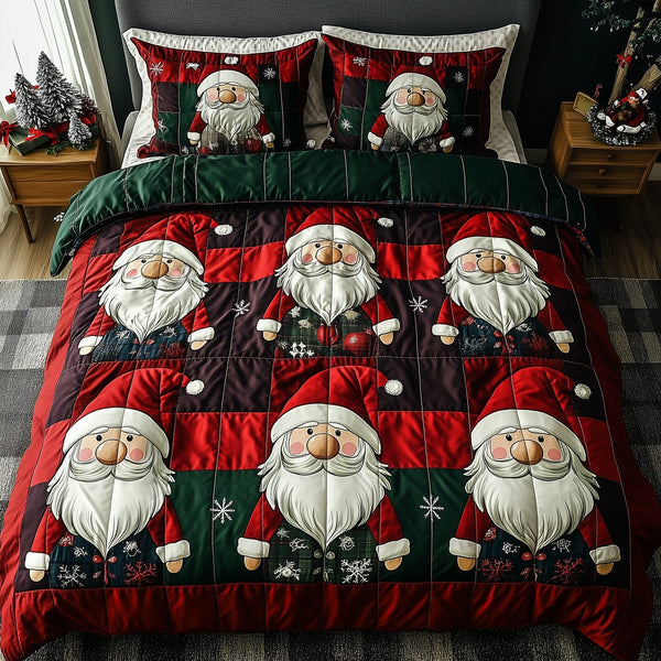 Jolly Gnomes quilted 3-piece bedding set on a made bed with two matching pillow shams
