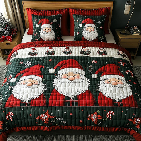 Jolly Gnomes quilted 3-piece bedding set on a made bed with two matching pillow shams