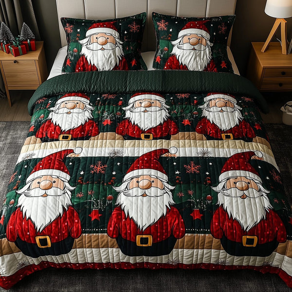 Jolly Gnomes quilted 3-piece bedding set on a made bed with two matching pillow shams