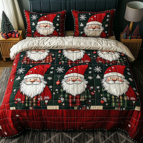 Jolly Gnomes quilted 3-piece bedding set on a made bed with two matching pillow shams