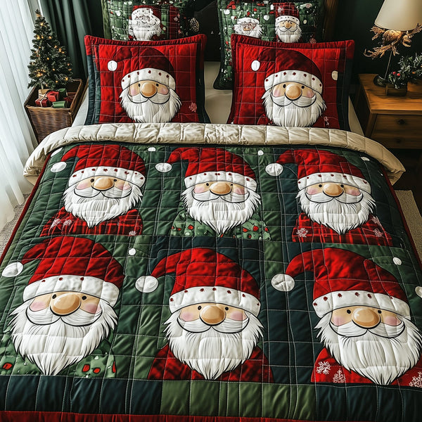 Jolly Gnomes quilted 3-piece bedding set on a made bed with two matching pillow shams