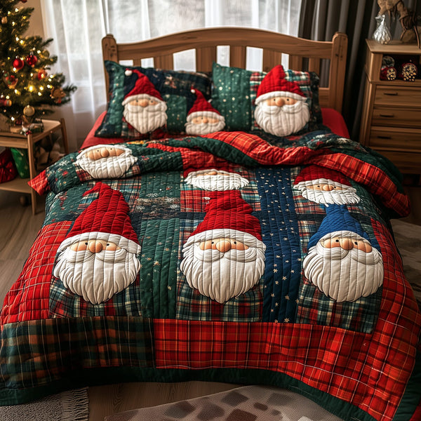 Jolly Gnomes quilted 3-piece bedding set on a made bed with two matching pillow shams
