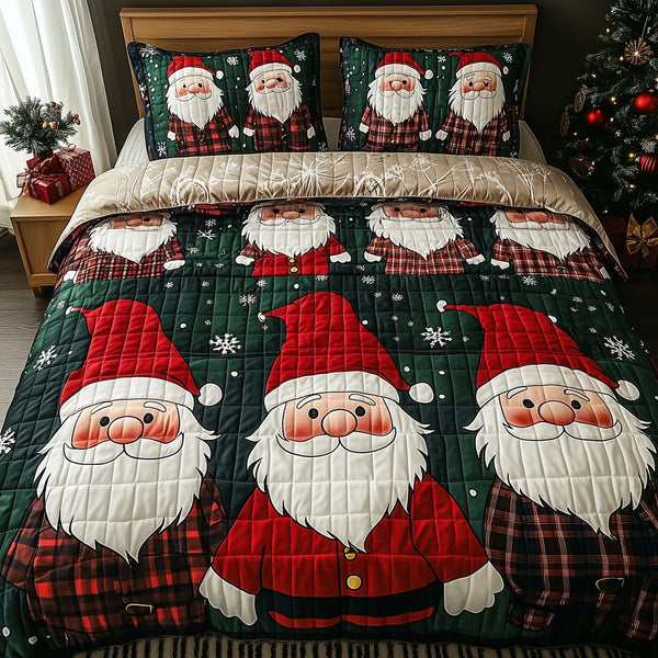 Jolly Gnomes quilted 3-piece bedding set on a made bed with two matching pillow shams