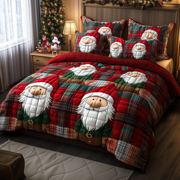 Jolly Gnomes quilted 3-piece bedding set on a made bed with two matching pillow shams