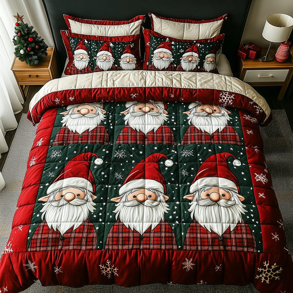 Jolly Gnomes quilted 3-piece bedding set on a made bed with two matching pillow shams