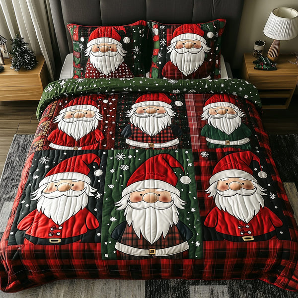 Jolly Gnomes quilted 3-piece bedding set on a made bed with two matching pillow shams