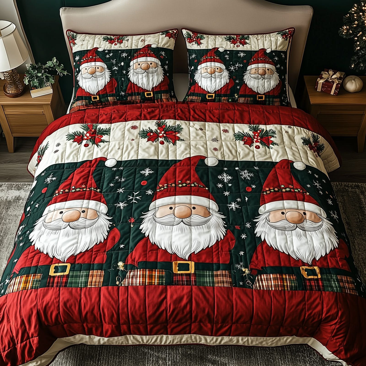 Jolly Gnomes quilted 3-piece bedding set on a made bed with two matching pillow shams