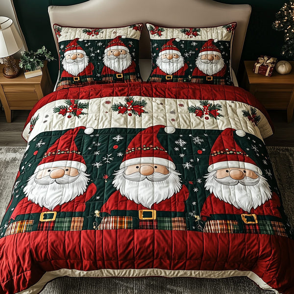Jolly Gnomes quilted 3-piece bedding set on a made bed with two matching pillow shams