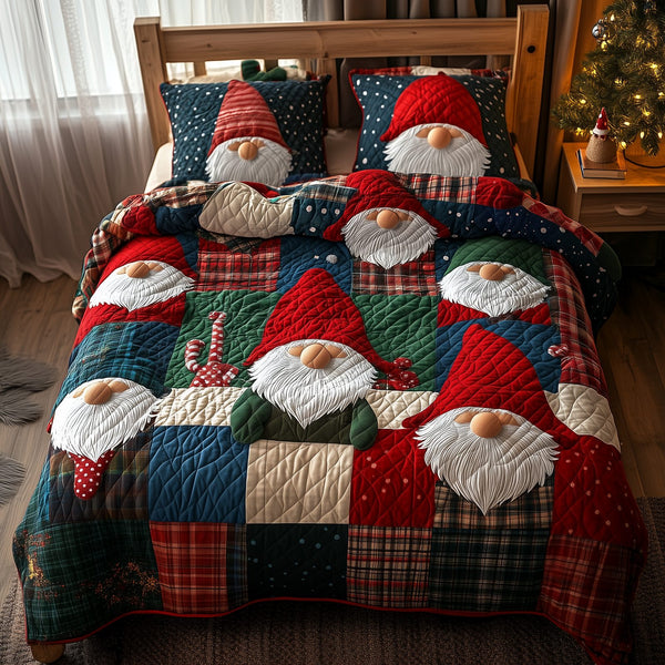 Jolly Gnomes quilted 3-piece bedding set on a made bed with two matching pillow shams