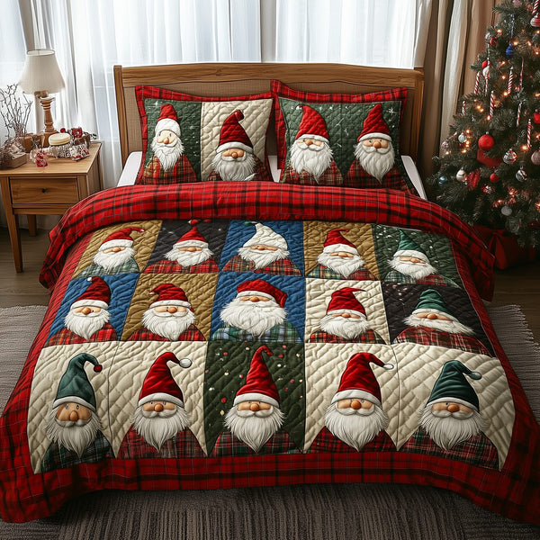 Jolly Gnomes quilted 3-piece bedding set on a made bed with two matching pillow shams