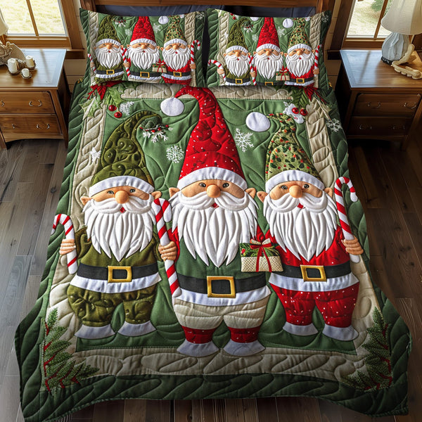 Jolly Gnomes quilted 3-piece bedding set on a made bed with two matching pillow shams