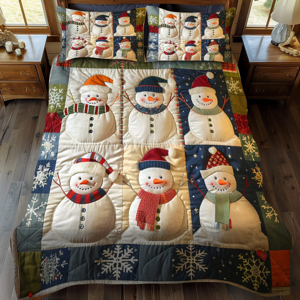 Jolly Gnomes quilted 3-piece bedding set on a made bed with two matching pillow shams