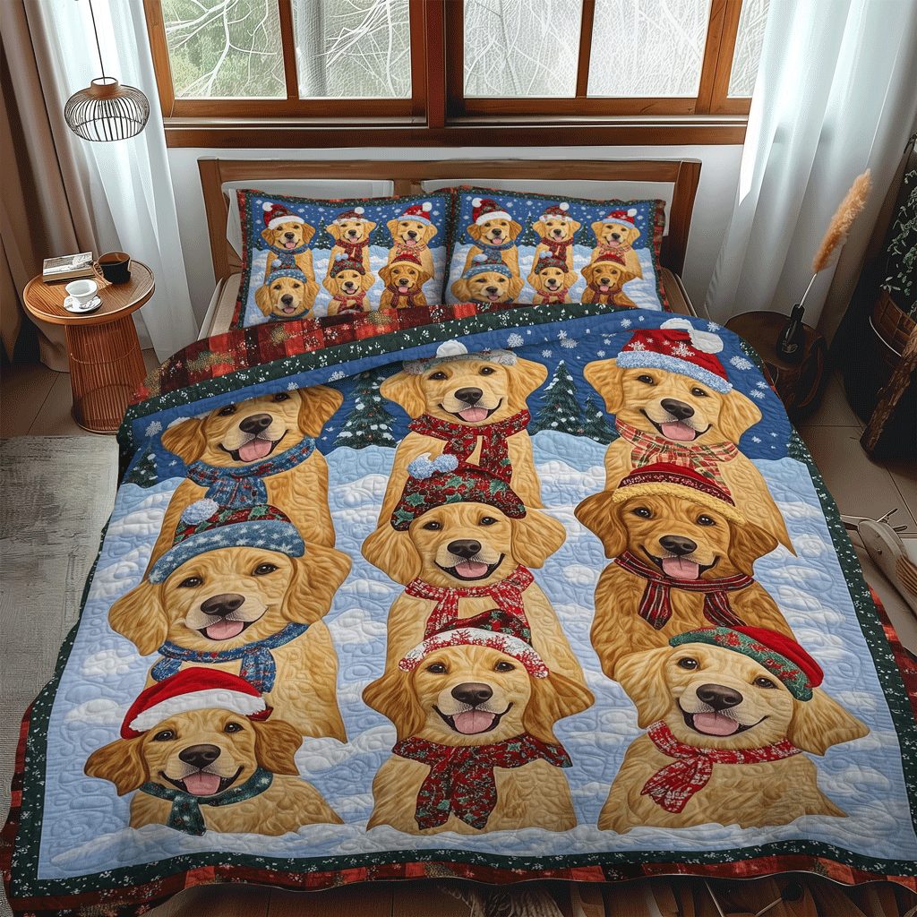 Jolly Golden Paws quilted 3-piece bedding set on a made bed with two matching pillow shams