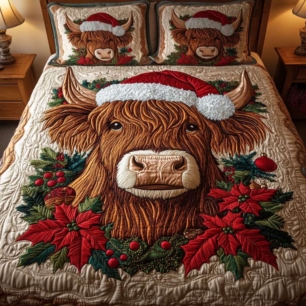 Jolly Highlander quilted 3-piece bedding set on a made bed with two matching pillow shams