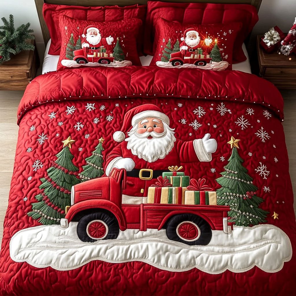 Jolly Holiday Express quilted 3-piece bedding set on a made bed in a winter-styled bedroom