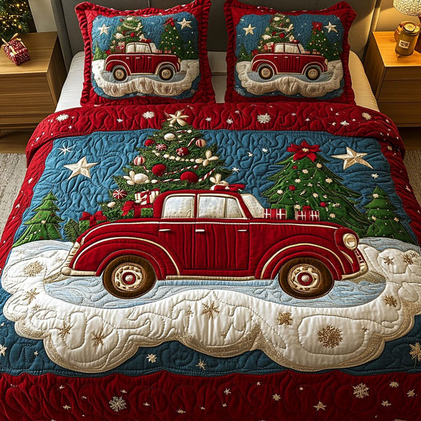 Jolly Journey quilted 3-piece bedding set on a made bed with two matching pillow shams