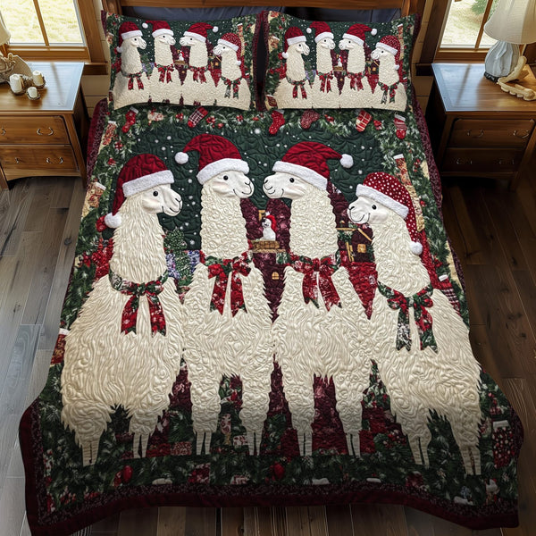 Jolly Llamas quilted 3-piece bedding set on a made bed with two matching pillow shams