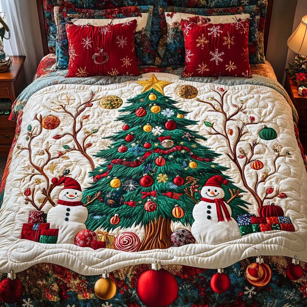 Jolly Moments quilted 3-piece bedding set on a made bed with two matching pillow shams