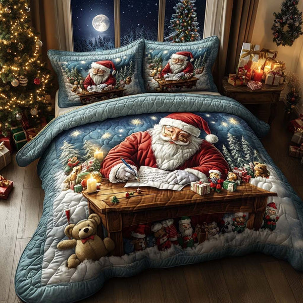 Jolly Night Notes quilted 3-piece bedding set on a made bed with two matching pillow shams