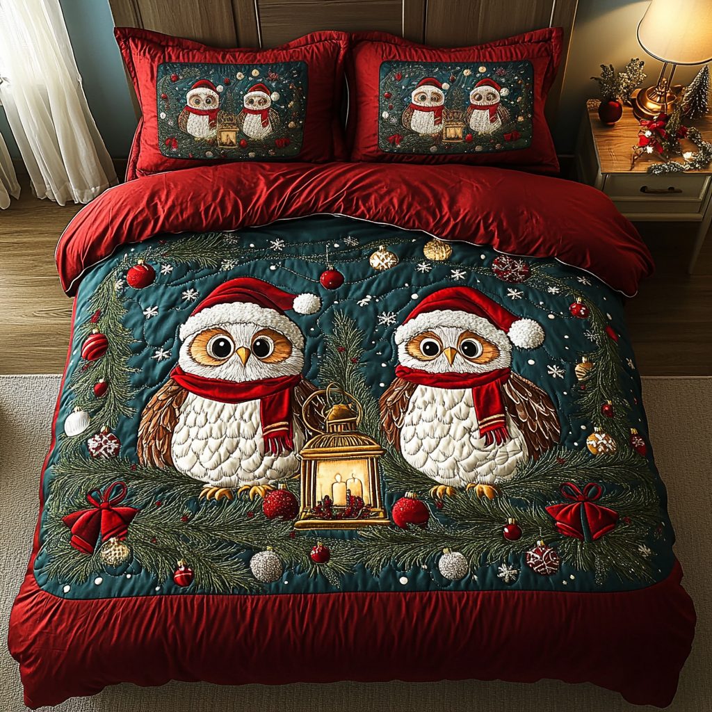 Jolly Owl Haven quilted 3-piece bedding set on a made bed with two matching pillow shams