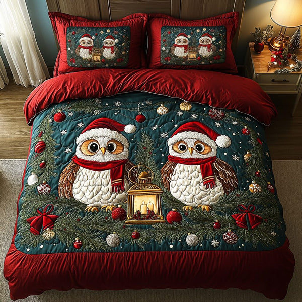 Jolly Owl Haven quilted 3-piece bedding set on a made bed with two matching pillow shams