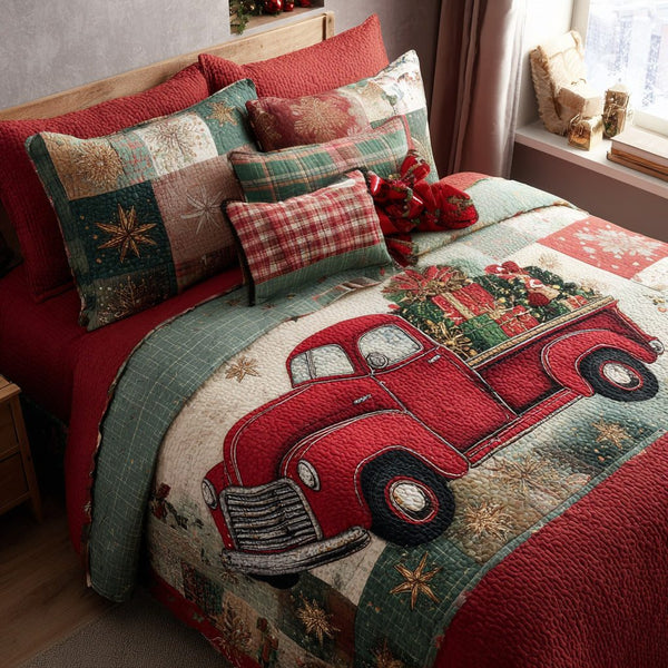 Jolly Pickup quilted 3-piece bedding set on a made bed with two matching pillow shams