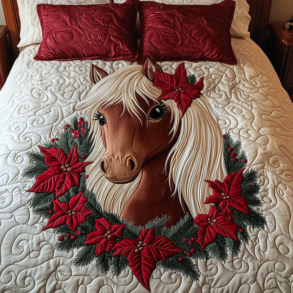 Jolly Pony quilted 3-piece bedding set on a made bed with two matching pillow shams