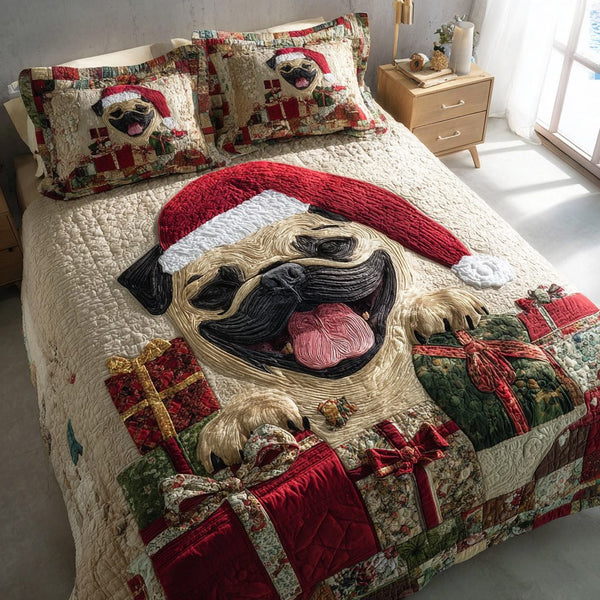 Jolly Pug Present quilted 3-piece bedding set on a made bed with two matching pillow shams