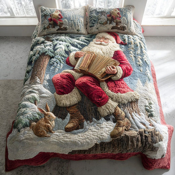 Jolly Red Santa quilted 3-piece bedding set on a made bed in a winter-styled bedroom