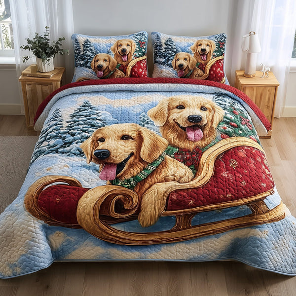 Jolly Retriever quilted 3-piece bedding set on a made bed with two matching pillow shams