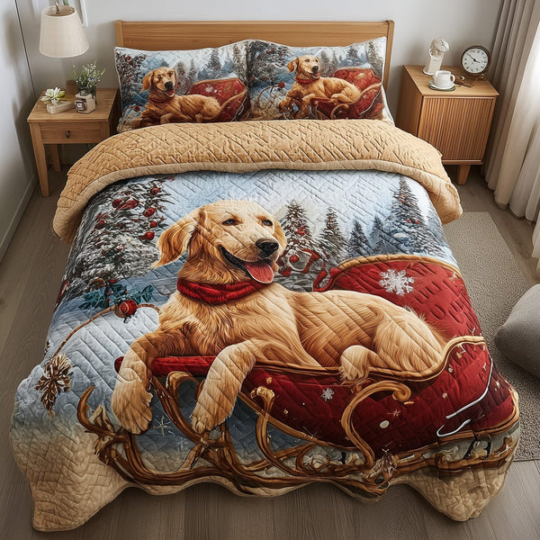 Jolly Retriever quilted 3-piece bedding set on a made bed with two matching pillow shams