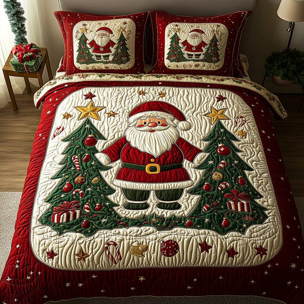 Jolly Saint Nick quilted 3-piece bedding set on a made bed with two matching pillow shams