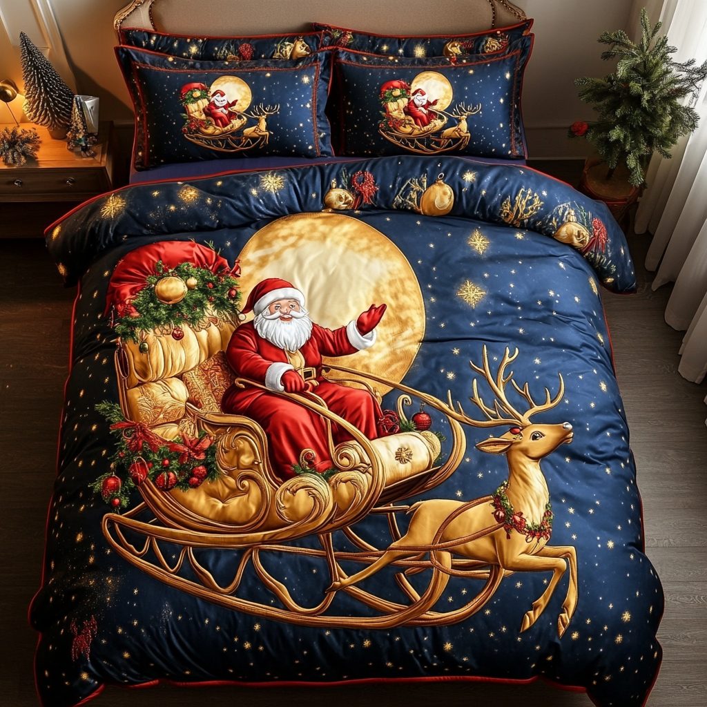 Jolly Saint Nick quilted 3-piece bedding set on a made bed with two matching pillow shams