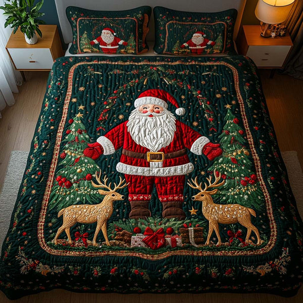 Jolly Santa Cheer quilted 3-piece bedding set on a made bed in a winter-styled bedroom
