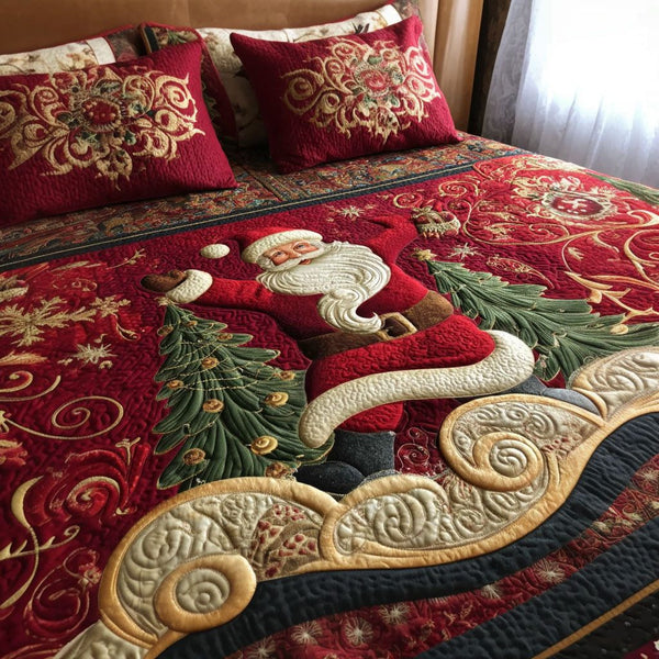 Jolly Santa Magic quilted 3-piece bedding set on a made bed in a winter-styled bedroom