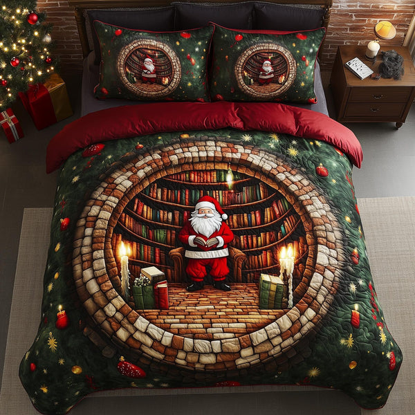Jolly Santa quilted 3-piece bedding set on a made bed in a winter-styled bedroom