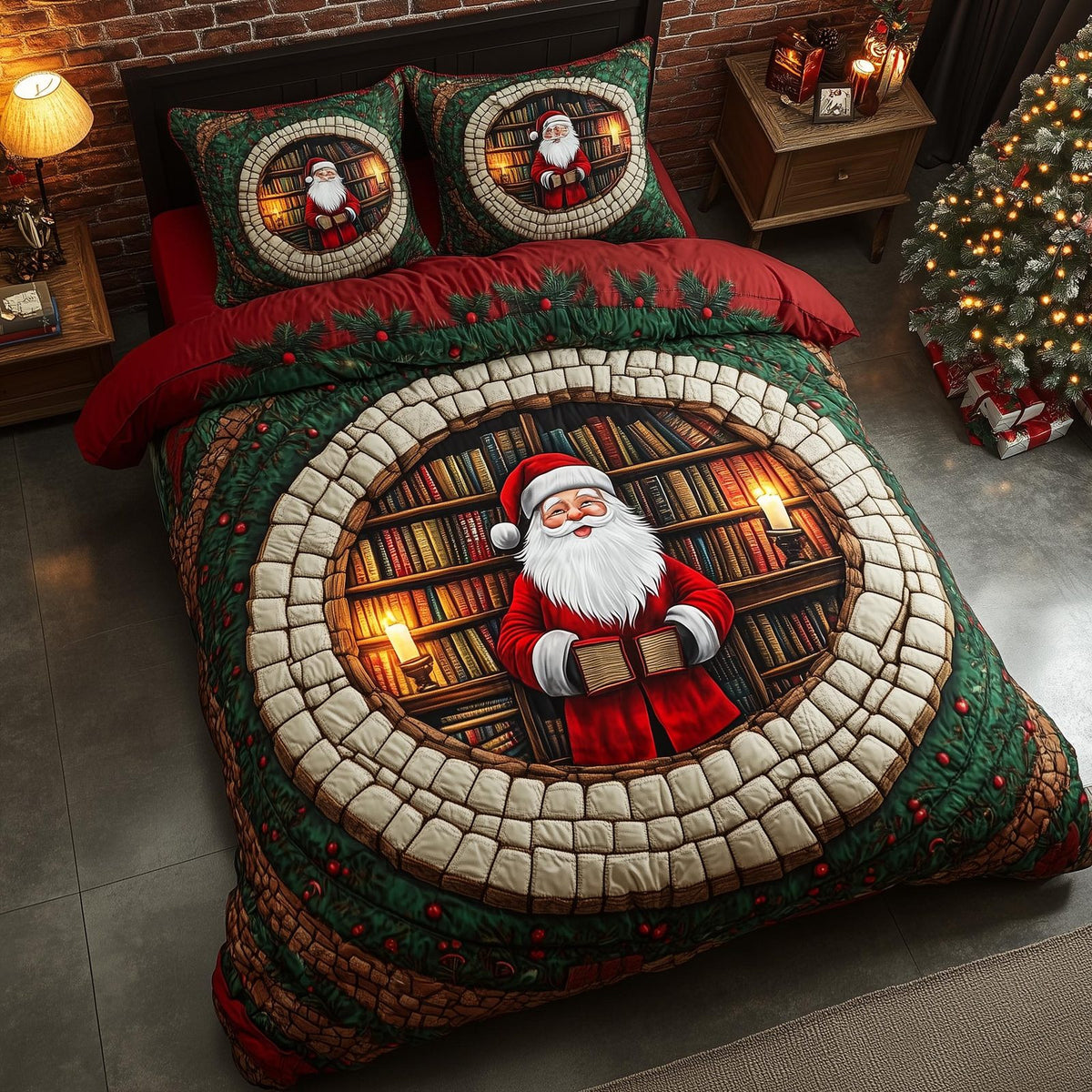 Jolly Santa quilted 3-piece bedding set on a made bed in a winter-styled bedroom