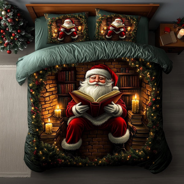 Jolly Santa quilted 3-piece bedding set on a made bed in a winter-styled bedroom