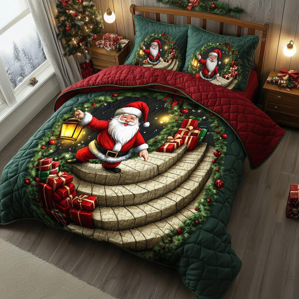 Jolly Santa quilted 3-piece bedding set on a made bed in a winter-styled bedroom