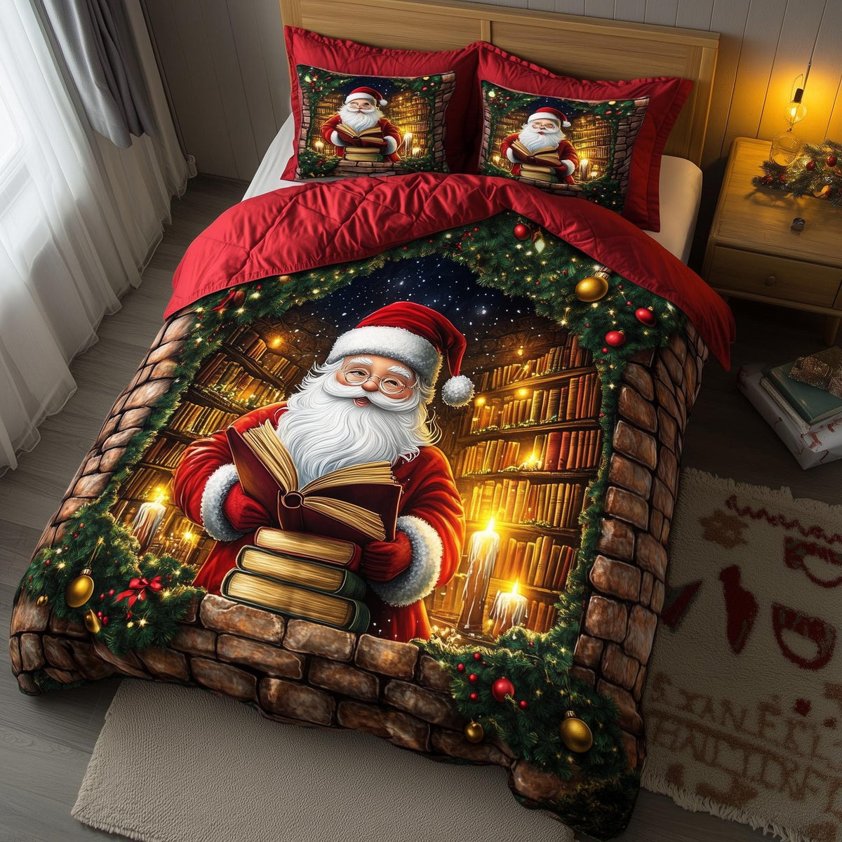 Jolly Santa quilted 3-piece bedding set on a made bed in a winter-styled bedroom