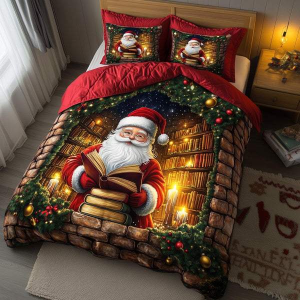 Jolly Santa quilted 3-piece bedding set on a made bed in a winter-styled bedroom