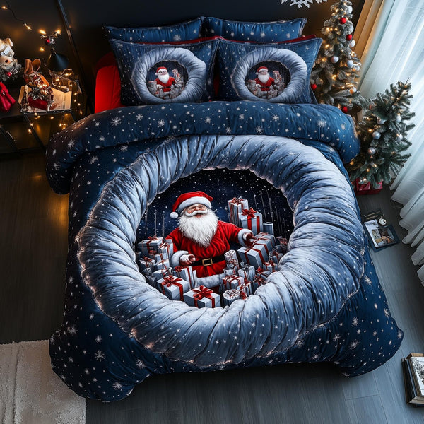 Jolly Santa quilted 3-piece bedding set on a made bed in a winter-styled bedroom
