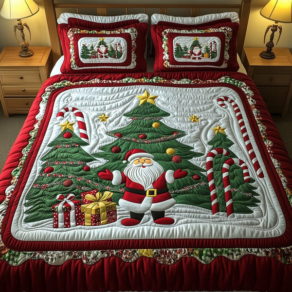 Jolly Santa quilted 3-piece bedding set on a made bed in a winter-styled bedroom