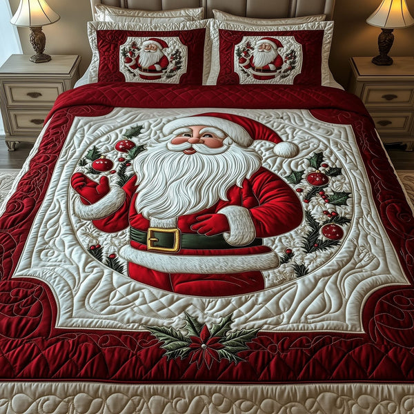 Jolly Santa quilted 3-piece bedding set on a made bed in a winter-styled bedroom