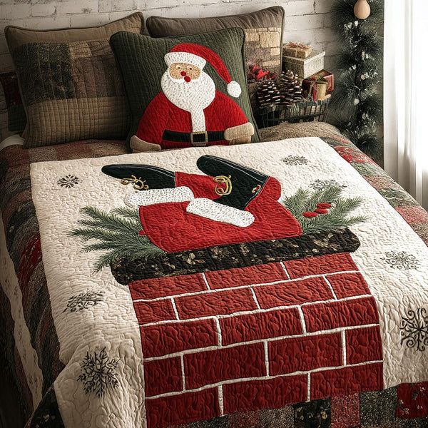 Jolly Santa quilted 3-piece bedding set on a made bed in a winter-styled bedroom