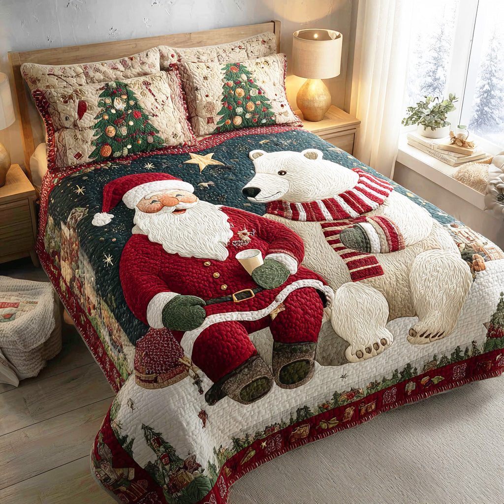 Jolly Sleigh Night quilted 3-piece bedding set on a made bed in a winter-styled bedroom