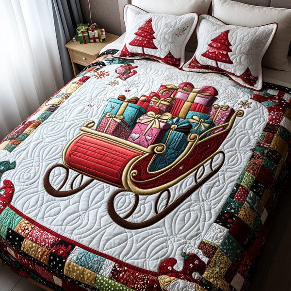 Jolly Sleigh quilted 3-piece bedding set on a made bed in a winter-styled bedroom