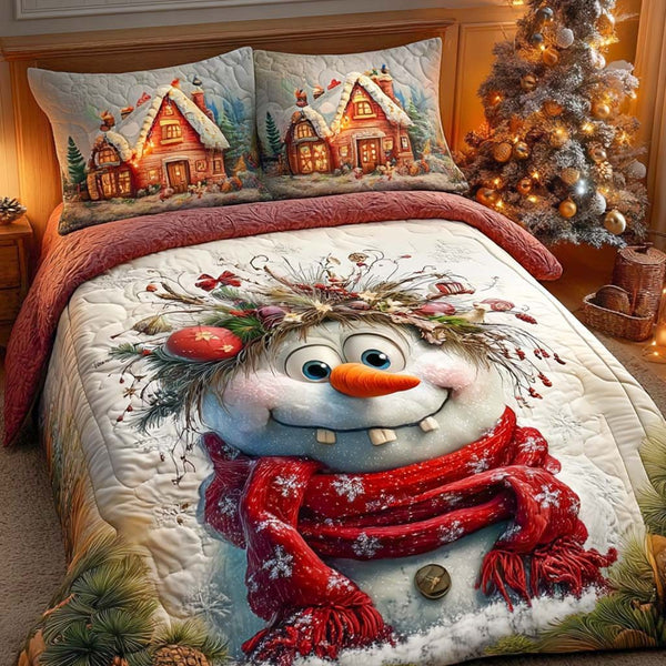 Jolly Smiles quilted 3-piece bedding set on a made bed with two matching pillow shams