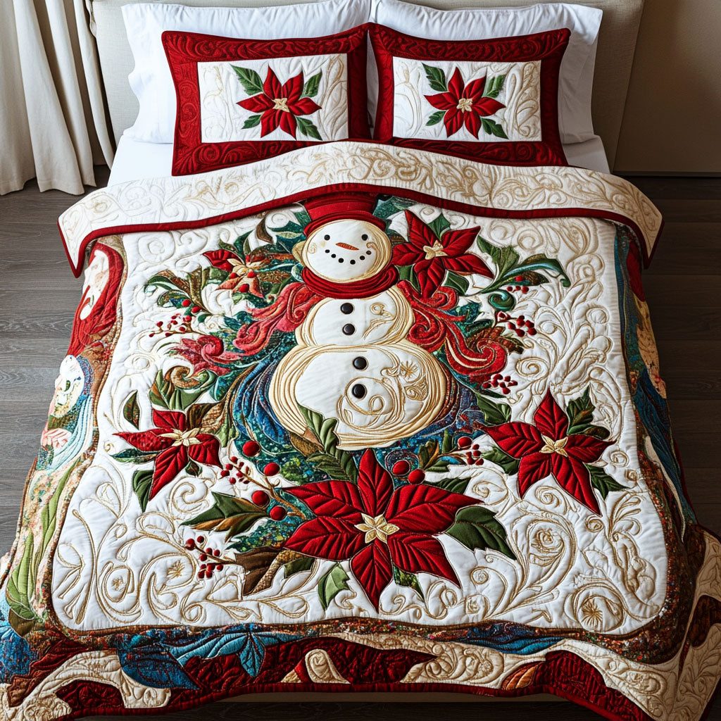 Jolly Snow Days quilted 3-piece bedding set on a made bed with two matching pillow shams